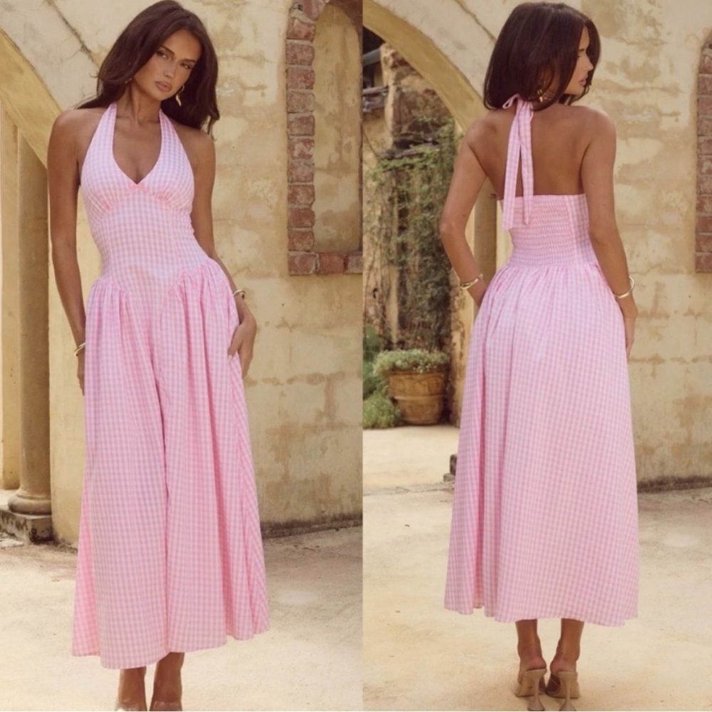 RUNAWAY THE LABEL Alicia Midi Length Halter Dress in Pink Gingham Size XS - Picture 2 of 8